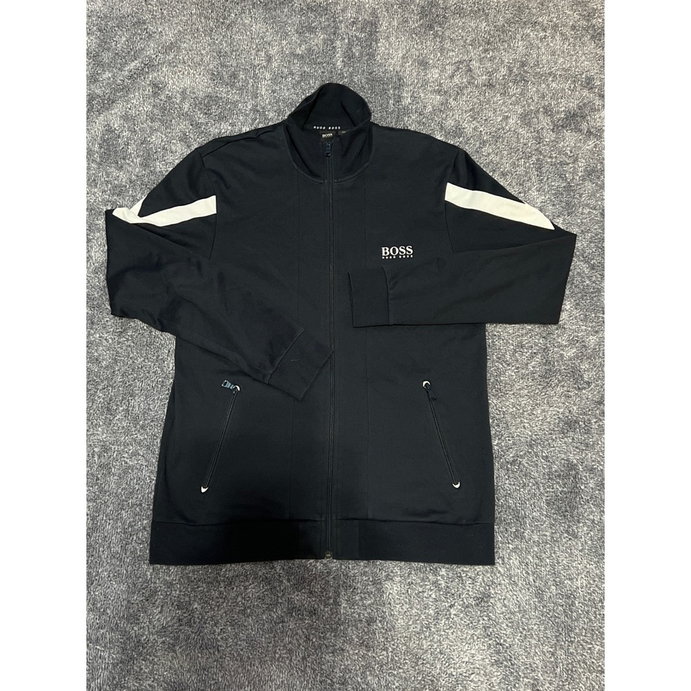 Hugo Boss Mens Black White Full Zip Track Jacket Logo Mock Neck Large